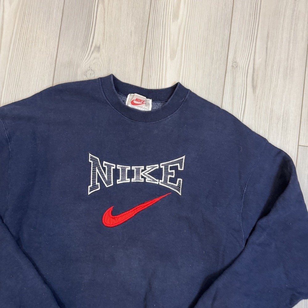 Vintage Nike Mens XXL Big Swoosh Embroidered Spell Out Pullover Sweatshirt Navy - Picture 4 of 10